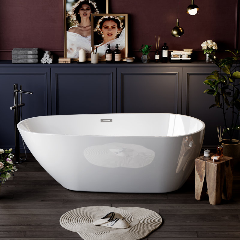 67" Deep Soaking Bathtub, Non-Slip Acrylic Tub with Chrome Drain,  Ergonomic Modern Bath for Bathrooms, Easy-Install, Pearl