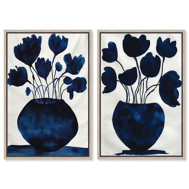 "Deep Indigo", ensemble de décorations murales sur toile encadrées par Art Remedy, cadre en chêne naturel, 30 x 45