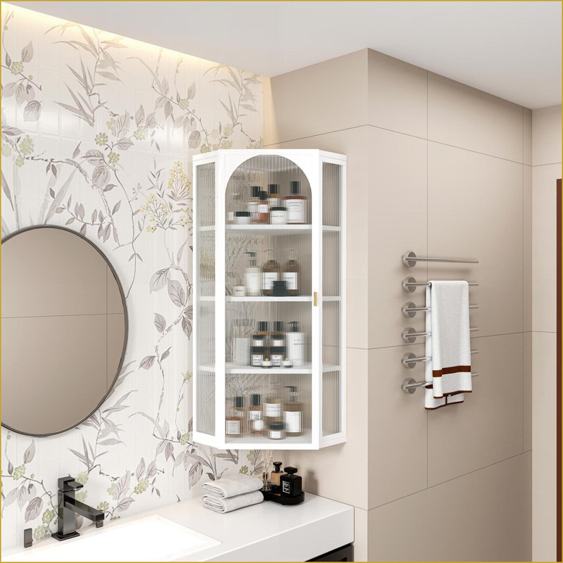 Armoire de coin murale avec rangement à 4 niveaux Cabinets - Fer et amp; Verre côtelé, blanc | Moderne | Chambre à coucher