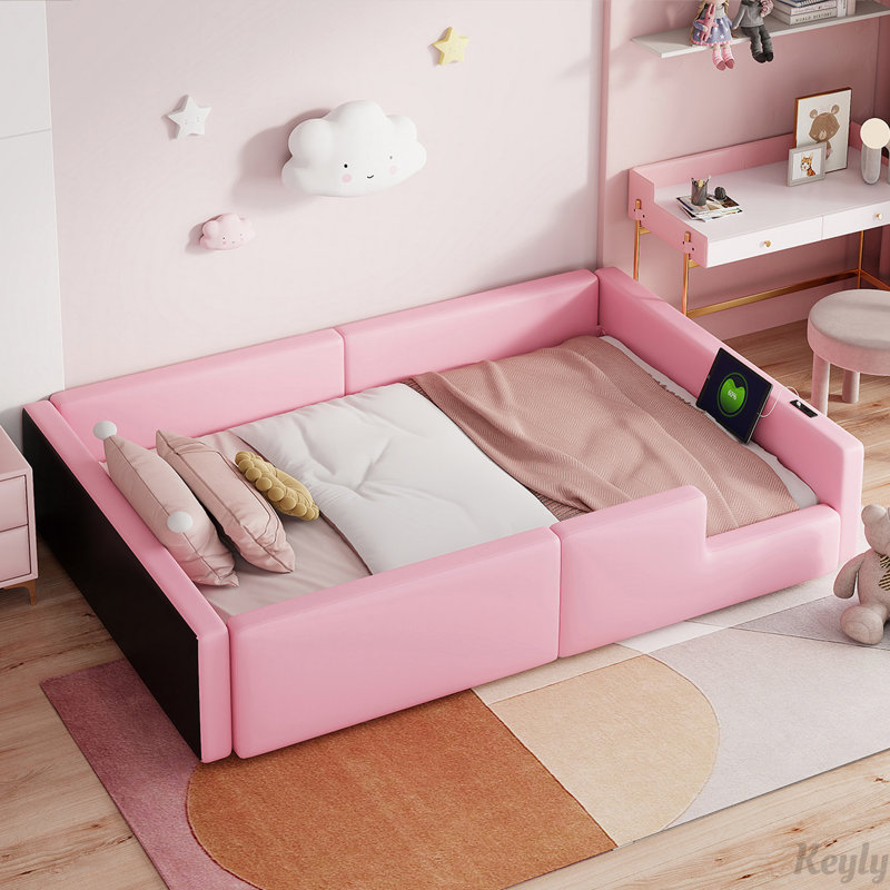 Lit plateforme tapissier avec garde-corps et station de charge, Rose