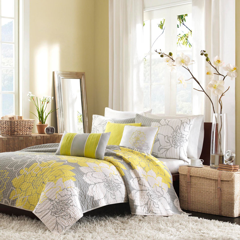 Gray and Yellow Floral Reversible Cotton King Quilt Set
