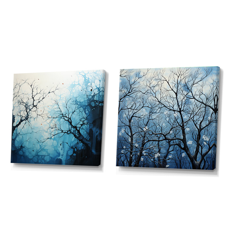 Minimalisme arbre bleu paysage V - arbres carrés ensemble de 2 collages, H 30 po x l 61 po, Toile tendue