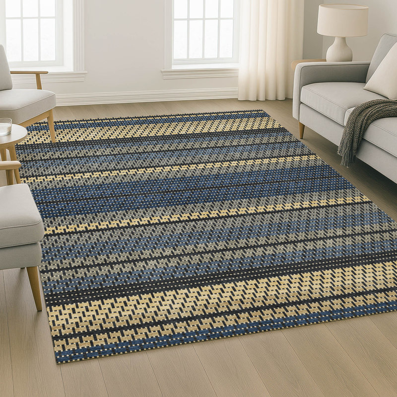 Premium Machine Washable Mayfield AMF2427 Striped Rug, Navy, 5' x 7'6"