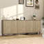 Buffet 3 en 1 cannelé avec rangement | Buffet en bois Mid-Century moderne avec tablettes et prises réglables, gris, style classique, fixation au sol, portes à panneaux surélevés, assemblage requis