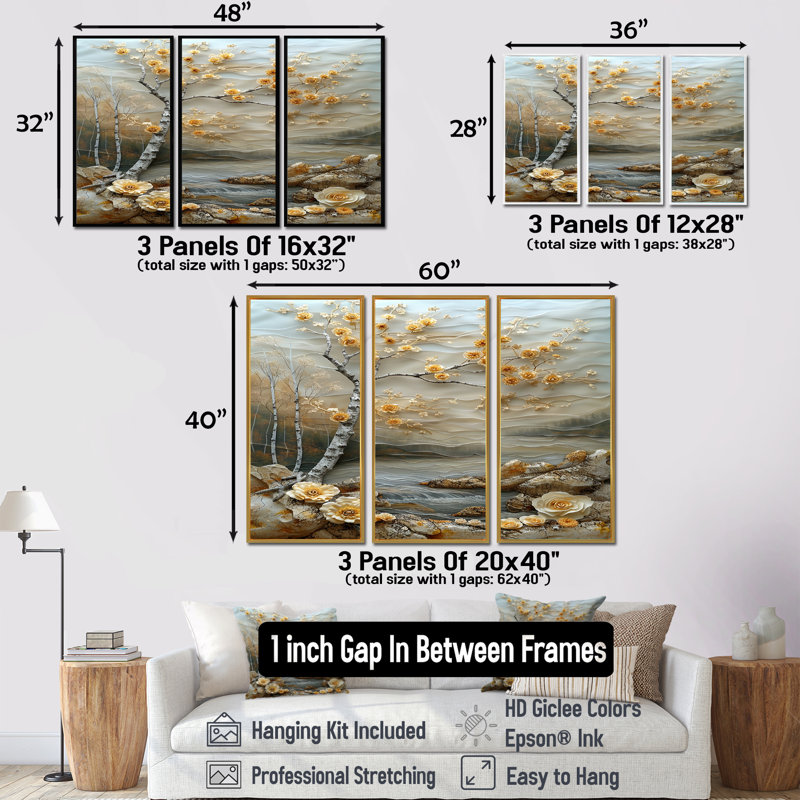 Blossoming Birch By Silver River - Tree Birch Wall Art Set, Gold Floater Framed, 40" H x 60" W x 1" D