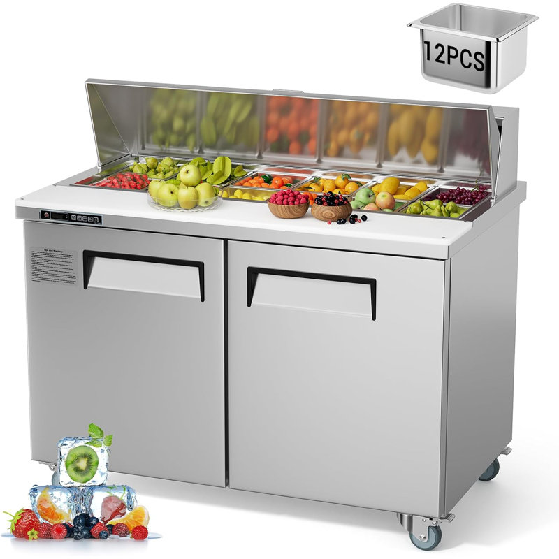 48" Sandwich Prep Table Refrigerator, Stainless Steel Dual Door with 12 Food Pans, Commercial Refrigerator for Restaurant and Catering