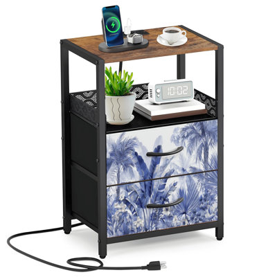 2 Fabric Drawers Night Stand with Charging Station Layered Botanical Jungle Soft Monochrome Blue Bedroom Bedside Table End Table with Open Shelf USB Ports and Outlets