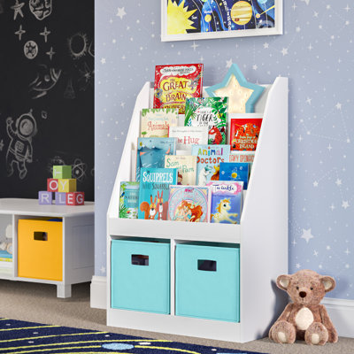 RiverRidge Kids Bookshelf and Toy Storage Organizer with 4 Bookracks and 2 Cubbies for Playroom, Nursery, and Reading Nook - White with 2 Fabric Bins by RiverRidge Home