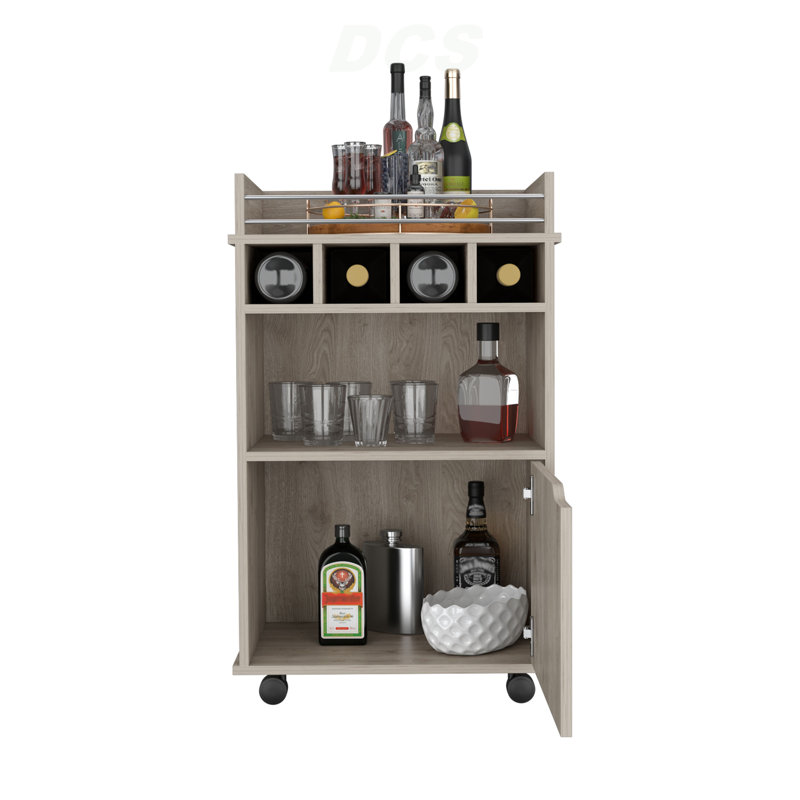 Modern Bar Cart with 2 Open Shelves  4 Cubbies and Cabinet, Beige