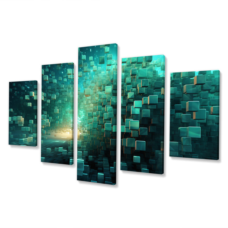 Matrix galaxie abstrait bleu profond et turquoise II - reproduction d'art sur toile abstraite - 5 panneaux
