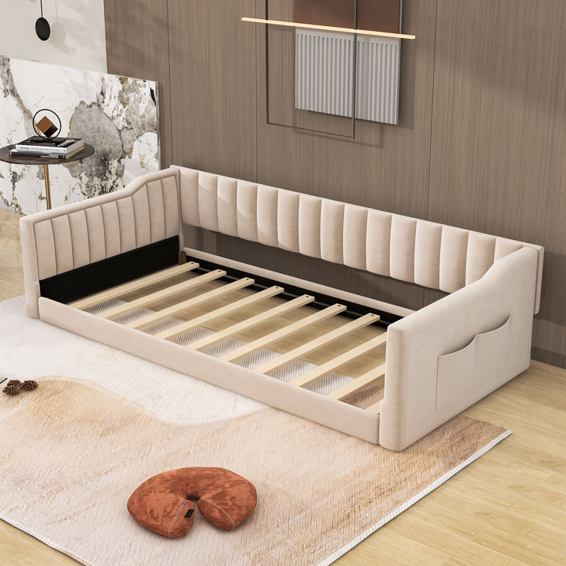 Ensley Upholstered Daybed with Vertical Stripe Design and No Box Spring Required, Beige, Twin XL