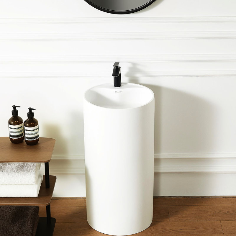Minimalist Solid Surface Pedestal Basin 66s - 08 For Bathroom, Matte White Color, 18.22" X 35.25" Size, Overflow Drain, Easy To Install Height, Non Porous Surface, And Low Maintenance