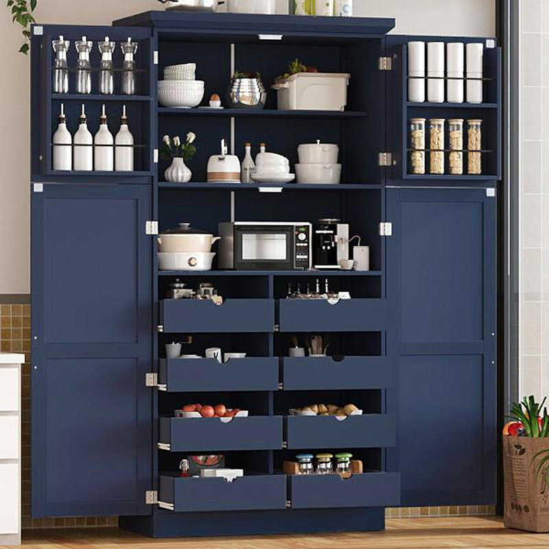 Armoire de cuisine autoportante 35,5 x 17,6 x 70,9 pouces, grande armoire de rangement avec 4 portes, 2 tablettes de porte, 8 plateaux coulissants et tablette réglable pour la salle à manger, bleu