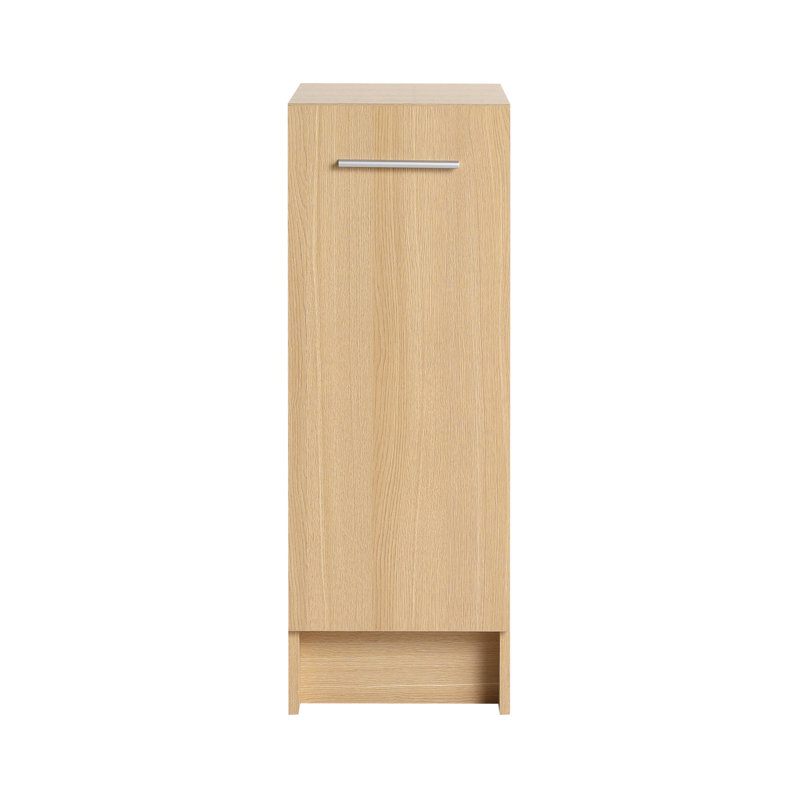 Armoire de rangement autoportante 12 po mince, chêne clair, porte simple, organisateur étroit pour économiser de l'espace, KD, comprend poignées en aluminium noir et brossé
