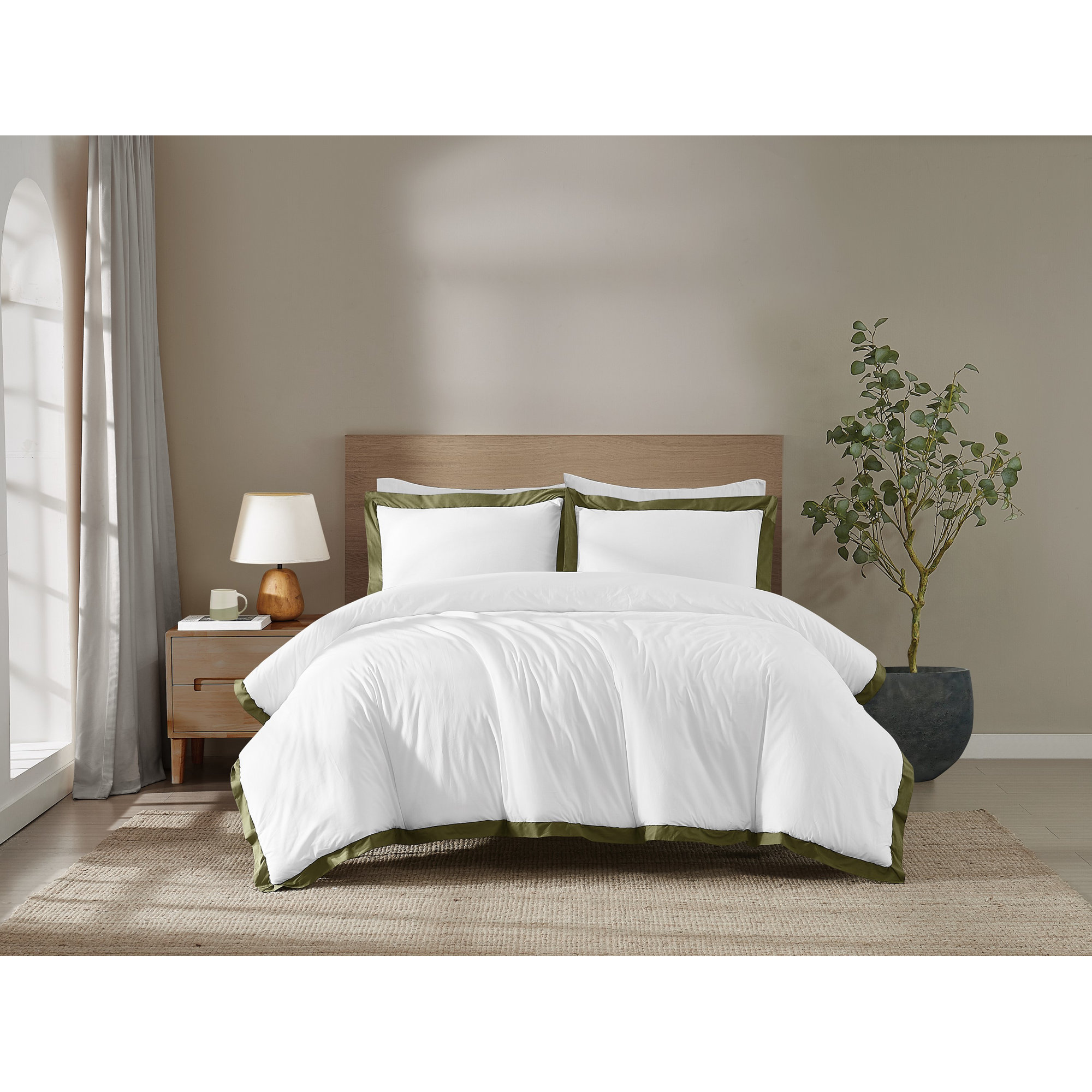  Cotton Hotel Border Duvet Cover Set, King, White/Green