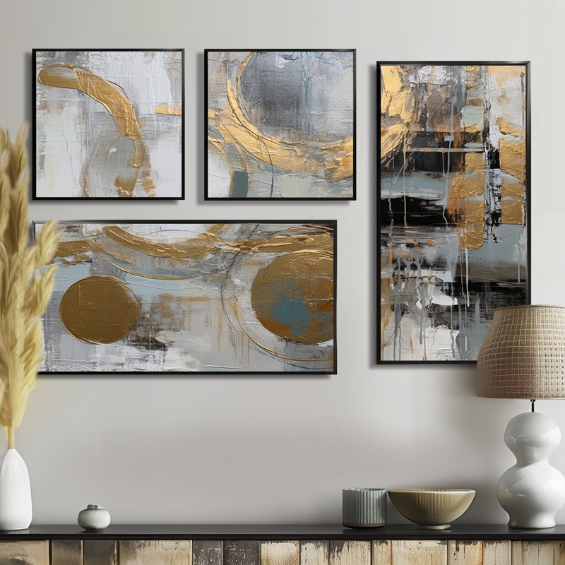 Simplicité radicale grise II - 4 reproductions d'art sur toile, Impression encadrée sans passe-partout, Noir