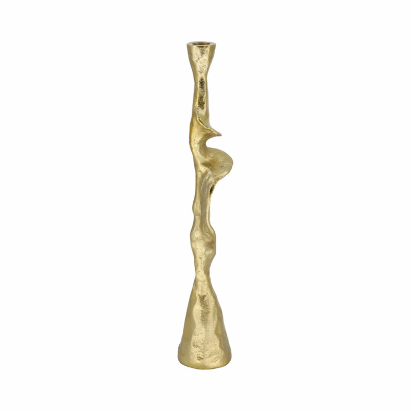 Modern Aluminum and Suar Wood Taper Holder with Abstract Sculptural Form and Mixed Metal Design for Contemporary Decorative Accents