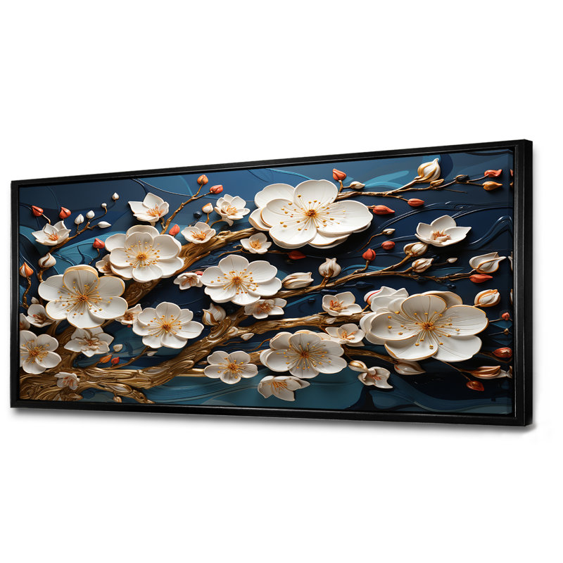 Orchidée blanche et bleue, branches d'arbre doré II - art mural floral abstrait, Cadre flottant noir