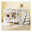 Lit superposé double au-dessus de simple avec bureau, tiroirs et tablettes, blanc