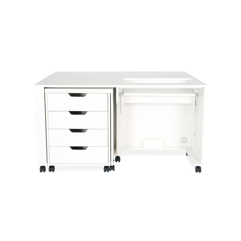 White Hydraulic Lift Sewing Cabinet with Storage and Ironing Station