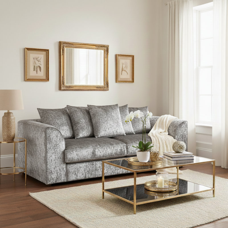 100% Crushed Velvet 3 Seater Sofa, Silver