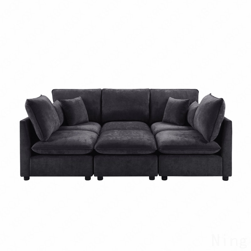 Coburn Chenille Upholstered Sectional Sofa with Movable Ottoman, Storage & USB Ports, Black