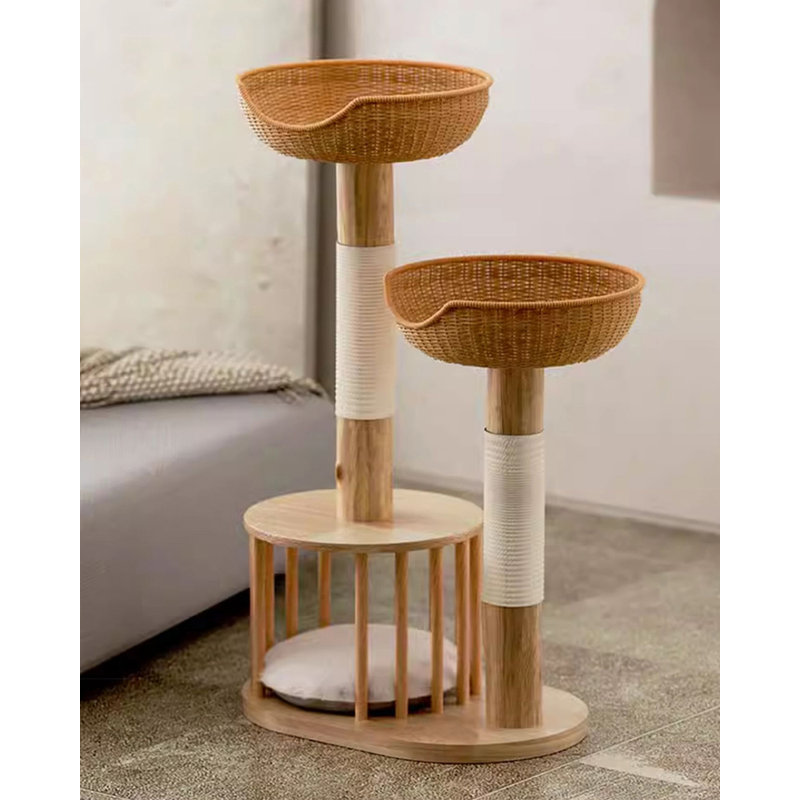 Arbre à chat minimaliste en bois massif, rotin et chanvre, H 39,4 po x l 23,6 po x P 15,7 po