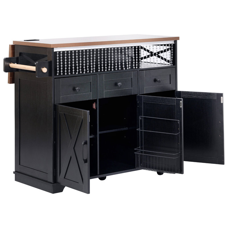 46.5" Farmhouse Kitchen Island Cart With Beaded Drape, Drop Leaf, Power Outlet, 3 Drawers & 3 Doors, Black, Black