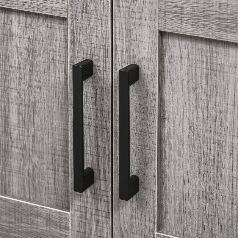 Rangement de salle de bain gris avec 2 portes et une tablette ouverte