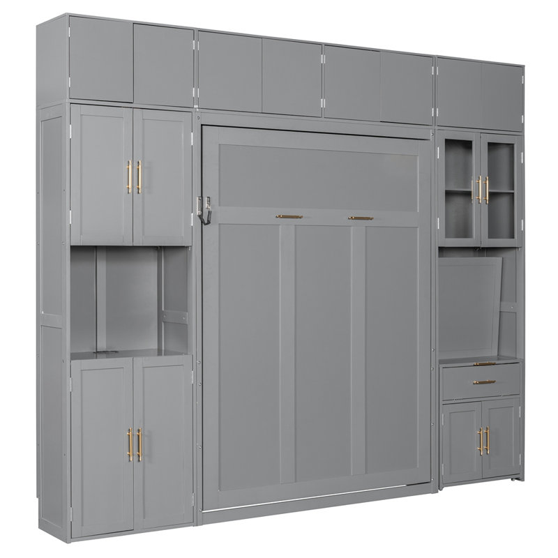 Lit escamotable double avec armoires de rangement, lit escamotable avec bureau et huche à porte vitrée, prise USB et prise de courant, tablettes éclairées à DEL