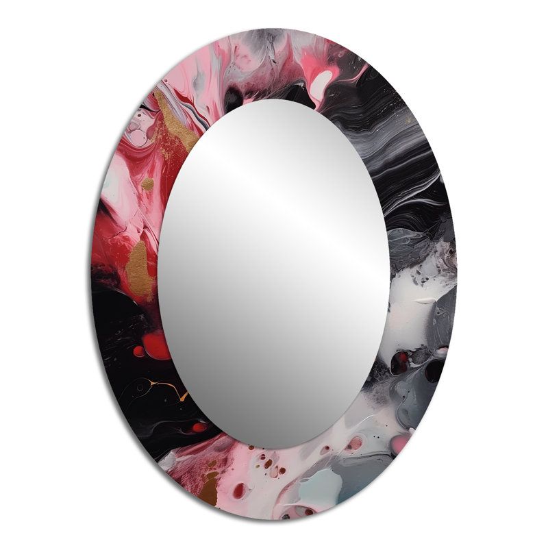 Red And Black Marble Whispers IV - Red Modern Oval Wall Mirror, 40" x 30"