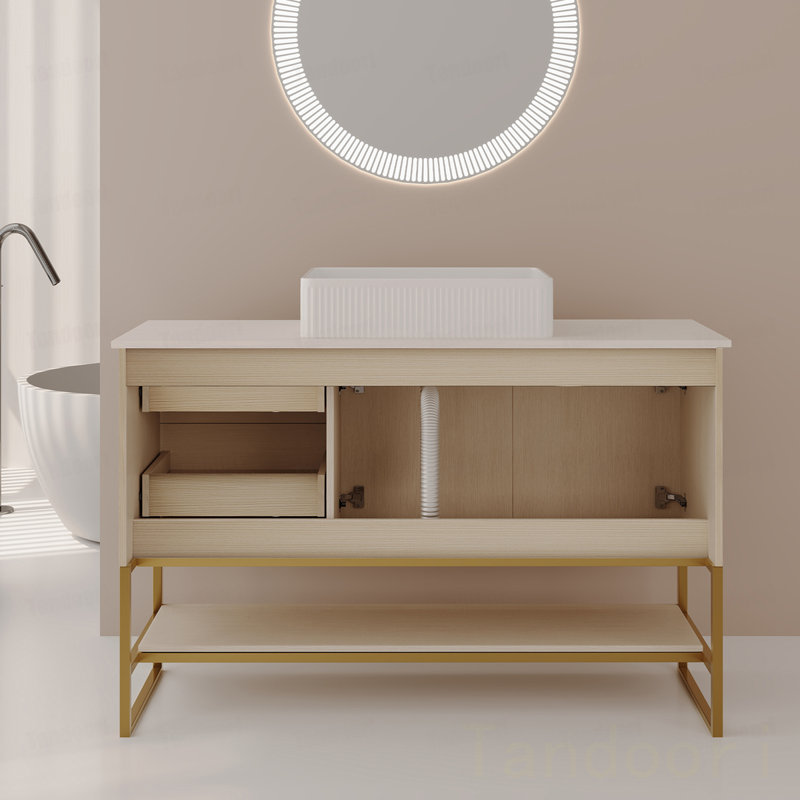 Meuble-lavabo moderne avec lavabo vasque en céramique, armoire autoportante dorée, Oak