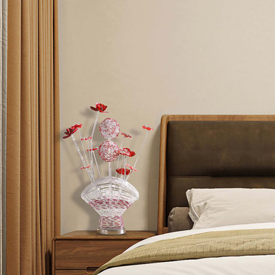 Aluminum 4 Red Roses 6 Petal Floral 2 Red/Silver Flower Bud on A Fan Aluminum Vase Table Lamp for Living Room, Nightstand Bedside Table Lamp for Bedroom, LED Lamp