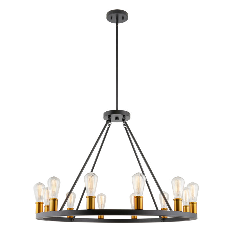 Grand lustre rustique en forme de roue de chariot 36 pouces 36 lumières, îlot de cuisine rond, accents noirs texturés + finition bois de chêne chaud