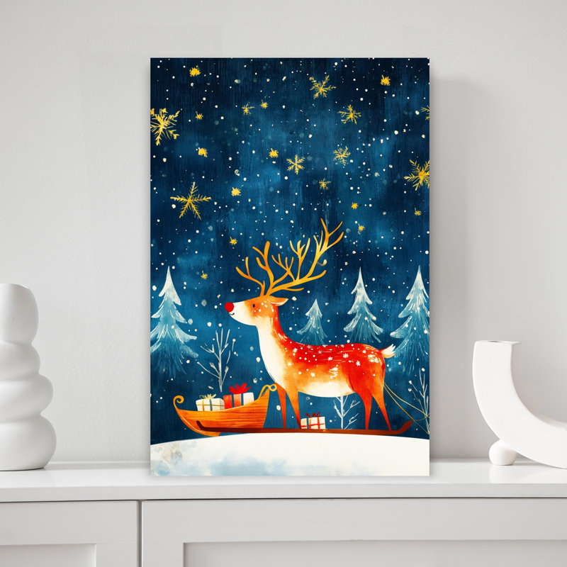 Christmas Reindeer Sleigh Whimsical Abstract Contemporary Pine Tree Forest Winter Wall Art Print 1 Piece Wrapped Canvas Wall Art