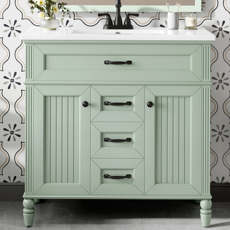 Meuble-lavabo 36 po avec lavabo, meuble autoportant vert avec cuve en céramique, cadre en bois aggloméré et en bois massif, tiroir supérieur rabattable, portes à fermeture en douceur, 2 tiroirs de rangement