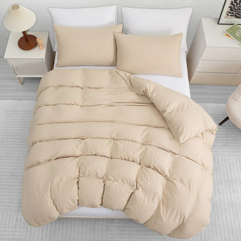 Premium Prewashed Duvet Cover Set Double Brushed Microfiber Reversible With Zipper Closure & Corner Ties, Beige