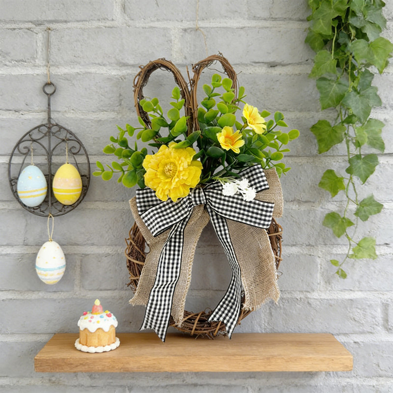 Couronne de lapin de Pâques avec un arc en corde Hemps Ceci est une couronne de Pâques simulée avec un lapin