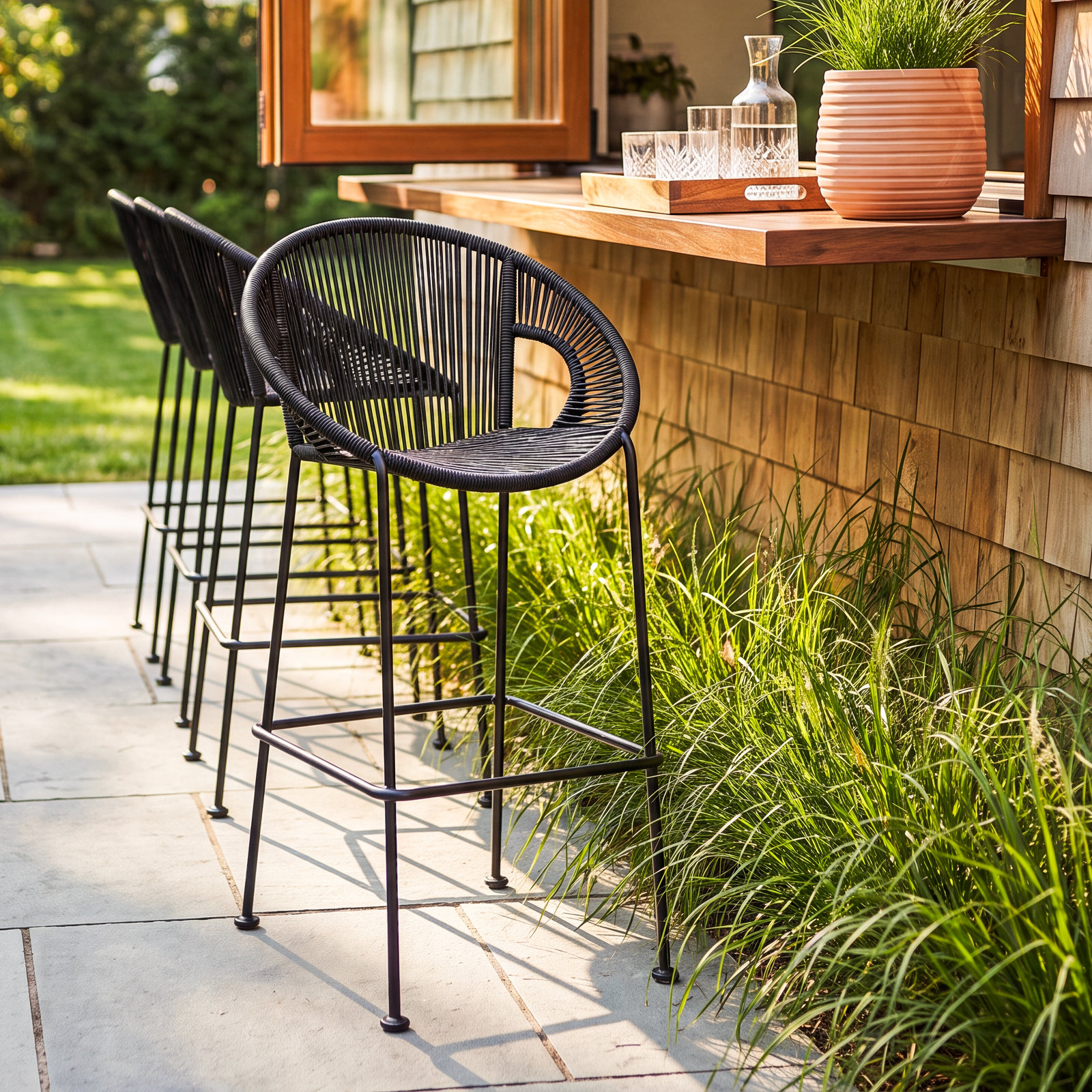 Champlost Patio Bar Stool, 26", Black Rope