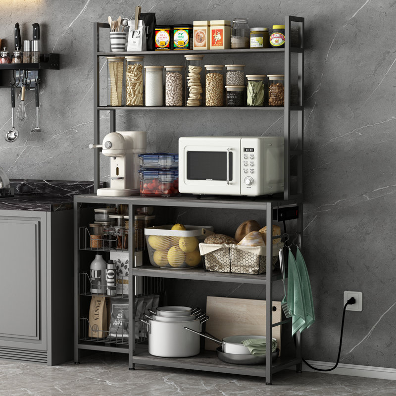 Kitchen Bakers Rack With 3 Wire Baskets And Power Outlets, Microwave Shelf Rack, Grey