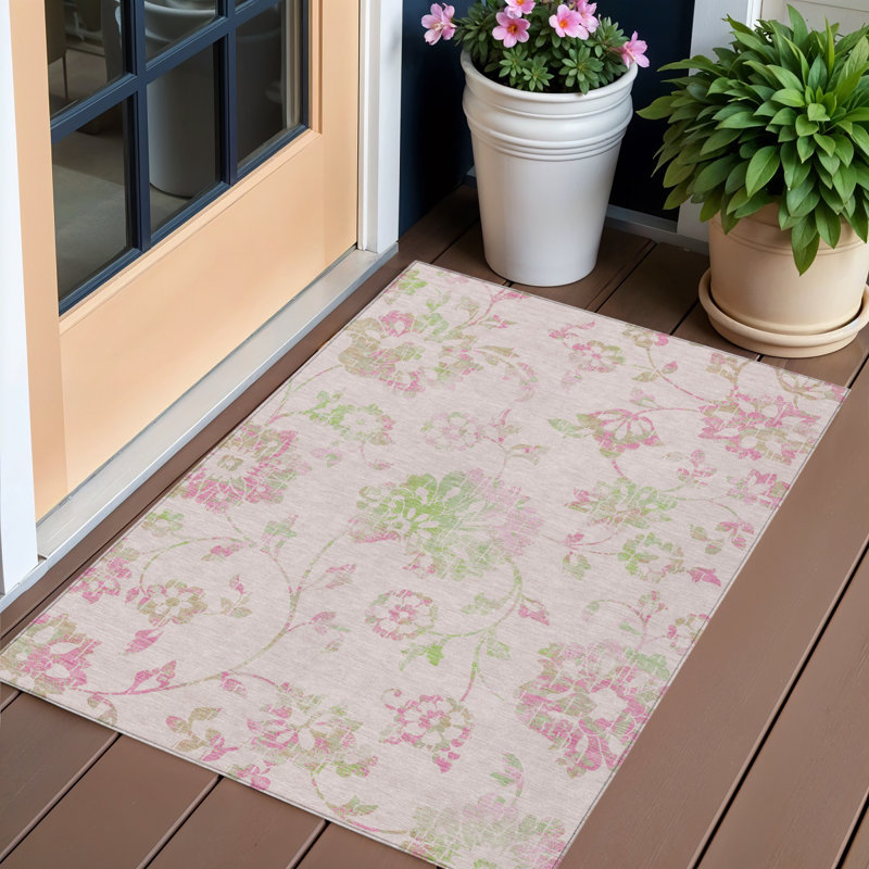 Tapis intérieur lavable floral 3 pi x 5 pi rose et vert artichaut