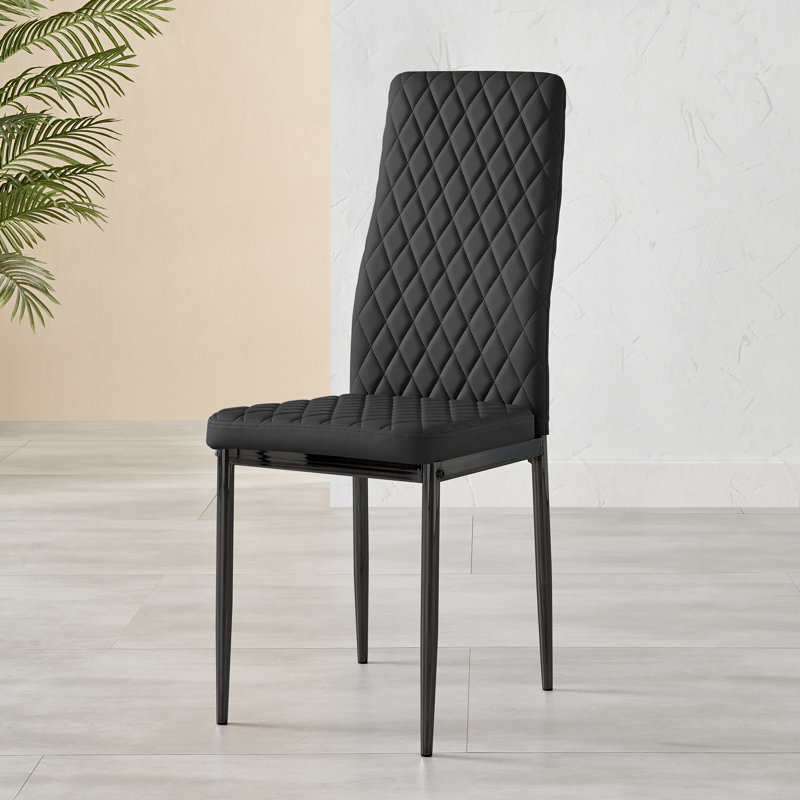 Eubanks Faux Leather Modern Tall Back Dining Chairs with Metal Legs & Diamond Stitching, Black, Black, 4