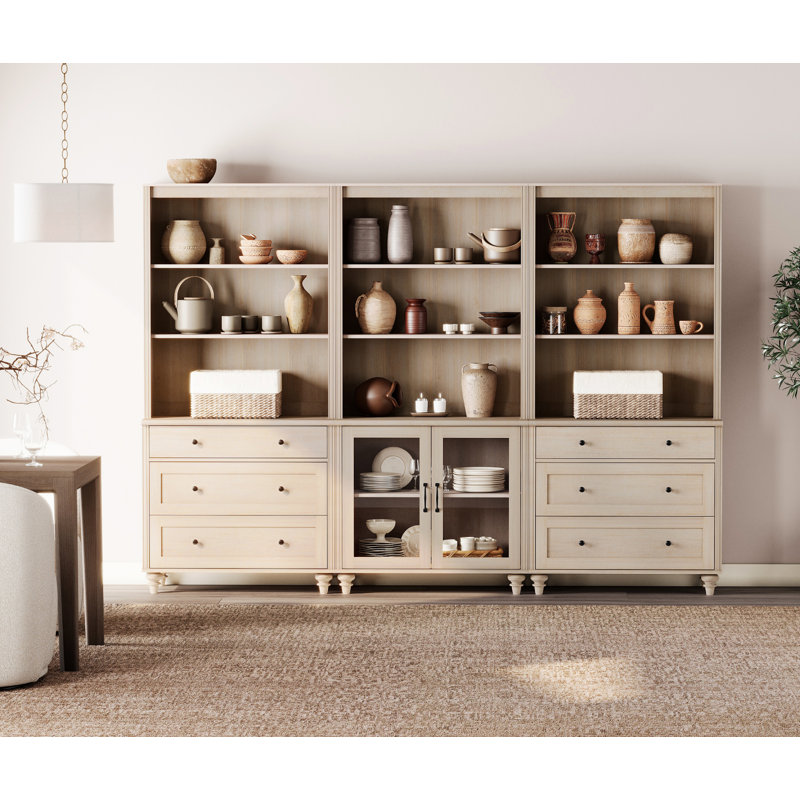 Dalontae Sideboard Cabinet With Bar Hutch, Buffet Cabinet With 2 Glass Doors, 6 Drawers And 3 Tier Shelves, 101'', Beige