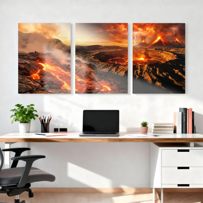 Volcano Lava Eruption Landscape Canvas Wrapped Wall Art Oil Painting Print Set Of 3
