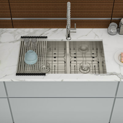 Double Bowl 60/40  Undermount Kitchen Sink 28"X19" 16 Gauge, Two 10" Deep Basins, Rear 3.5 Drain, X Grooves For Smooth Water Drainage, 3Mm Soundproofing Pads, Condensation Spray, Package Contains