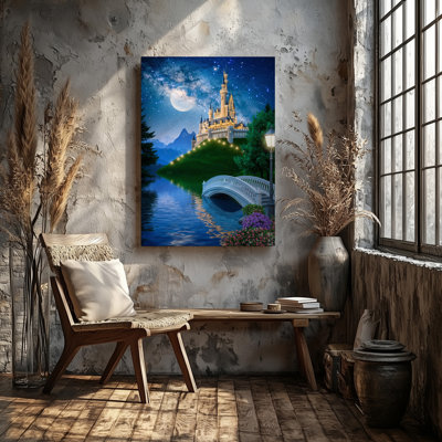 Canvas A Majestic Fairytale Castle Stands Atop A Lush Green Hill Wall Art Its Tall Spires Reaching Towards A Starry Night Sky Canvas Wall Art