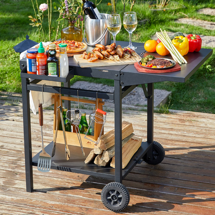 Outdoor Grill Cart Pizza Oven Trolley Stand Double Shelf Outdoor Worktable  With 2 Wheels