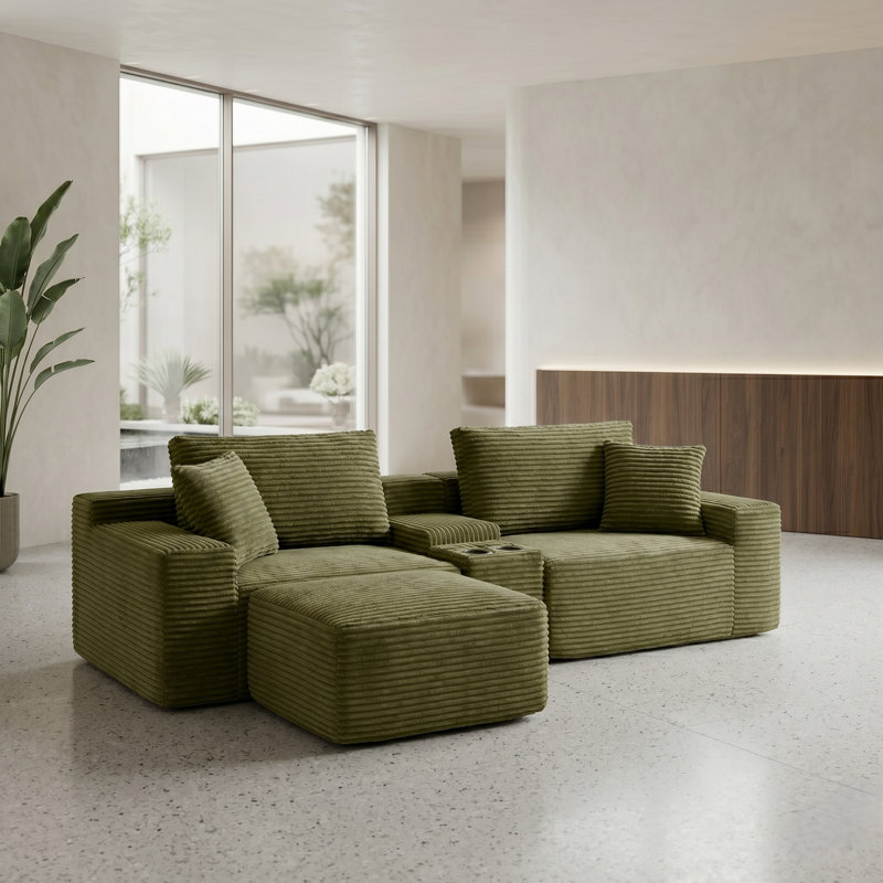 Canapé modulaire en velours côtelé 4 pièces avec repose-pieds, console de rangement et porte-gobelets Modern, Vert