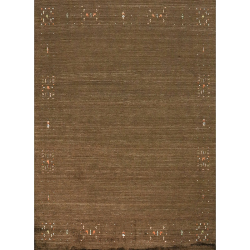 Élégant tapis brun de style Gabbeh 10 x 10 avec de subtils motifs brodés