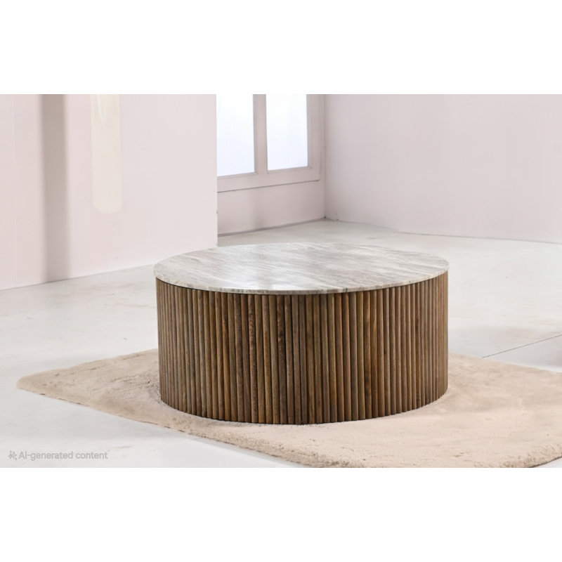 Rangement à dessus en marbre Reysdale Lilwen, Plateau en marbre blanc / base en noyer, H 17,5 po x L 36 po x l 36 po